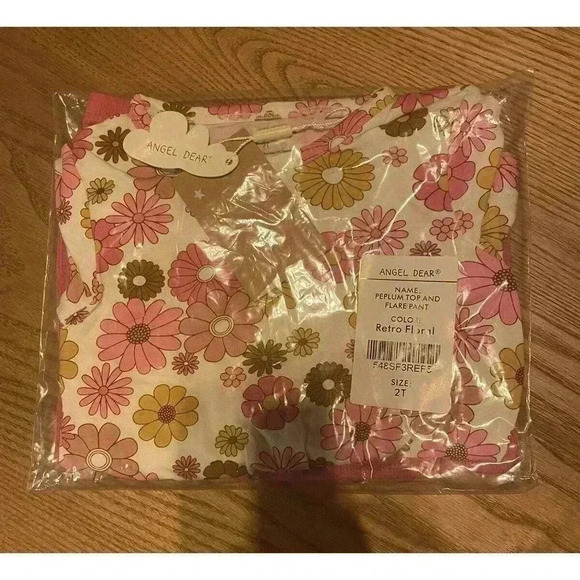 Girls 2T Peplum Top Flare Pants Outfit Set Retro Floral Flowers 70s Bamboo Boho - Picture 3 of 3